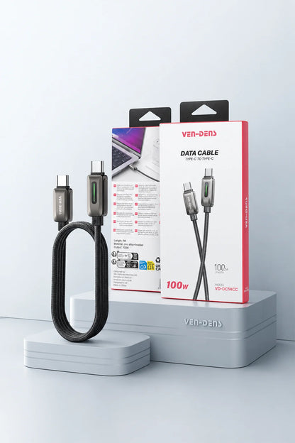 Vendens DC14CC Type-C to Type-C 100W PD Hızlı Şarj ve Data Kablosu, Çinko Alaşım Örgü, 1 Metre