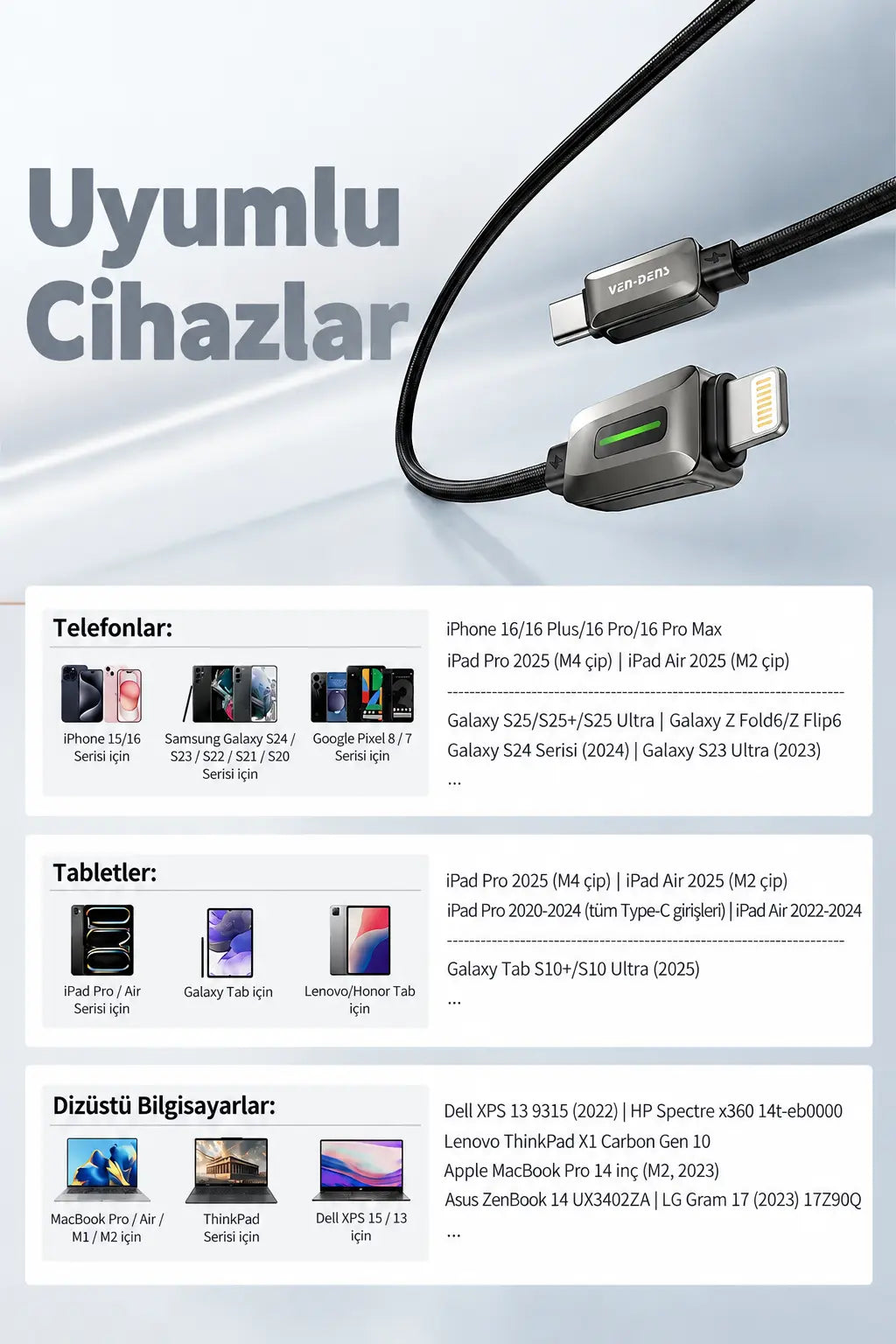Vendens VD-DC14CL Type-C to Lightning 27W PD Hızlı Şarj ve Data Kablosu - 1 Metre, Çinko Alaşım Örgü