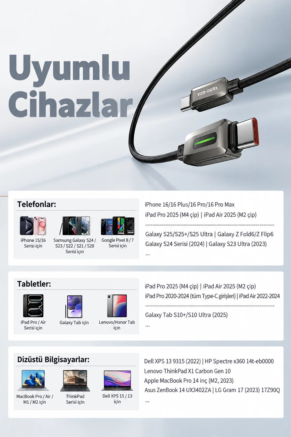 Vendens DC14CC Type-C to Type-C 100W PD Hızlı Şarj ve Data Kablosu, Çinko Alaşım Örgü, 1 Metre