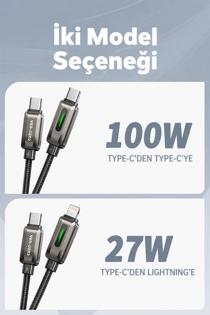 Vendens DC14CC Type-C to Type-C 100W PD Hızlı Şarj ve Data Kablosu, Çinko Alaşım Örgü, 1 Metre