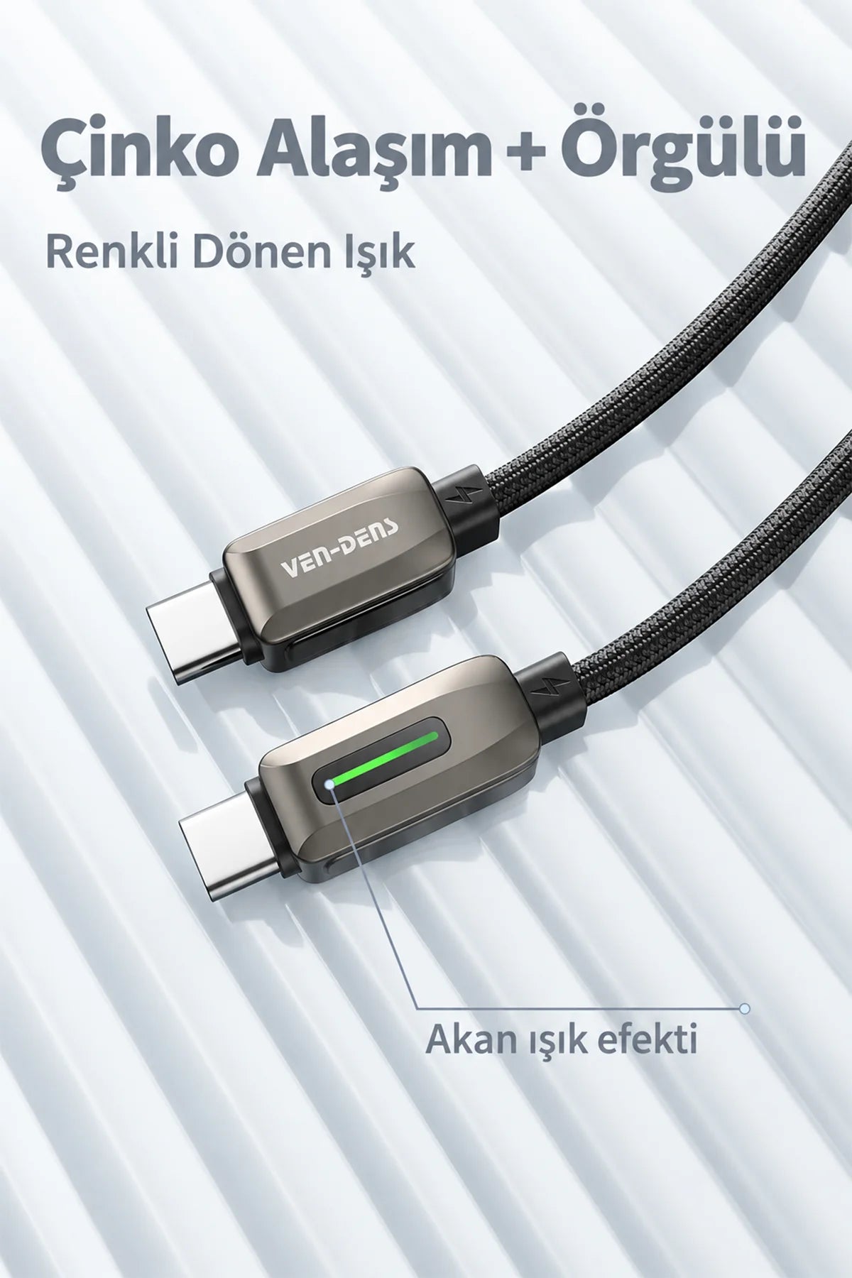 Vendens DC14CC Type-C to Type-C 100W PD Hızlı Şarj ve Data Kablosu, Çinko Alaşım Örgü, 1 Metre
