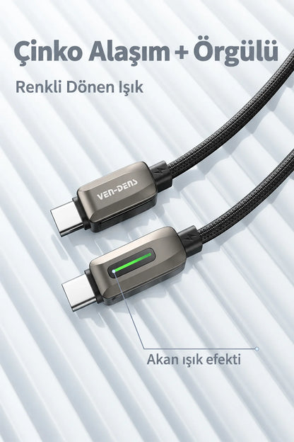 Vendens DC14CC Type-C to Type-C 100W PD Hızlı Şarj ve Data Kablosu, Çinko Alaşım Örgü, 1 Metre