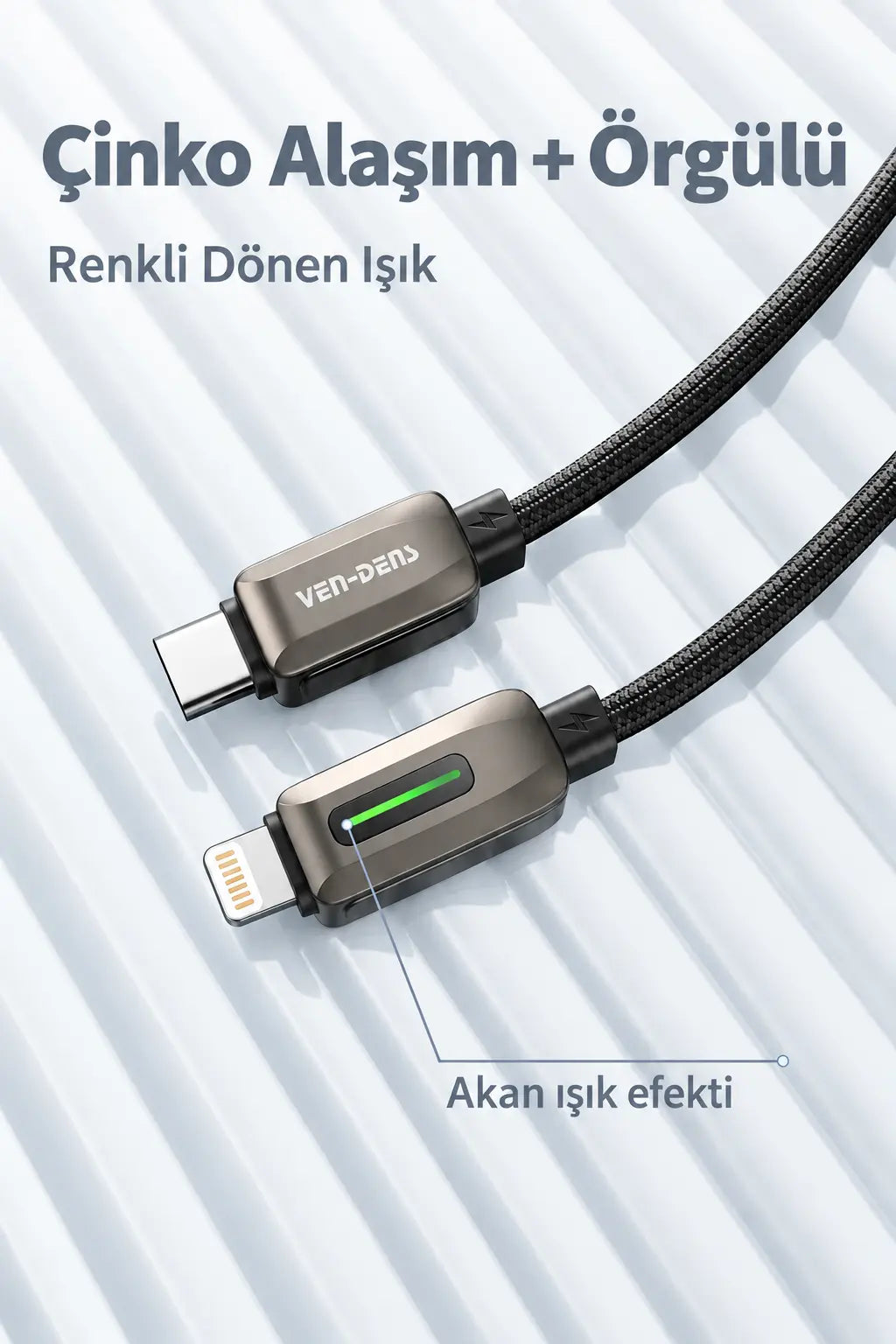 Vendens VD-DC14CL Type-C to Lightning 27W PD Hızlı Şarj ve Data Kablosu - 1 Metre, Çinko Alaşım Örgü