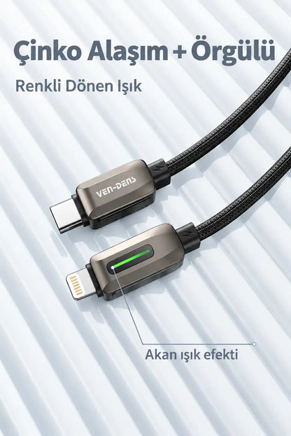 Vendens VD-DC14CL Type-C to Lightning 27W PD Hızlı Şarj ve Data Kablosu - 1 Metre, Çinko Alaşım Örgü