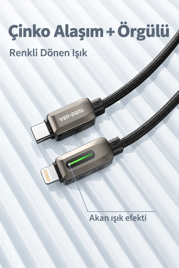 Vendens VD-DC14CL Type-C to Lightning 27W PD Hızlı Şarj ve Data Kablosu - 1 Metre, Çinko Alaşım Örgü