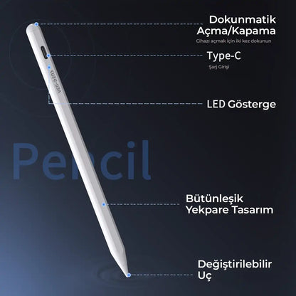 Vendens Metal Tablet Kalemi – iPad ve Android Uyumlu, Manyetik Yapışma, Tip-C Şarj, 10 Saat Kullanım