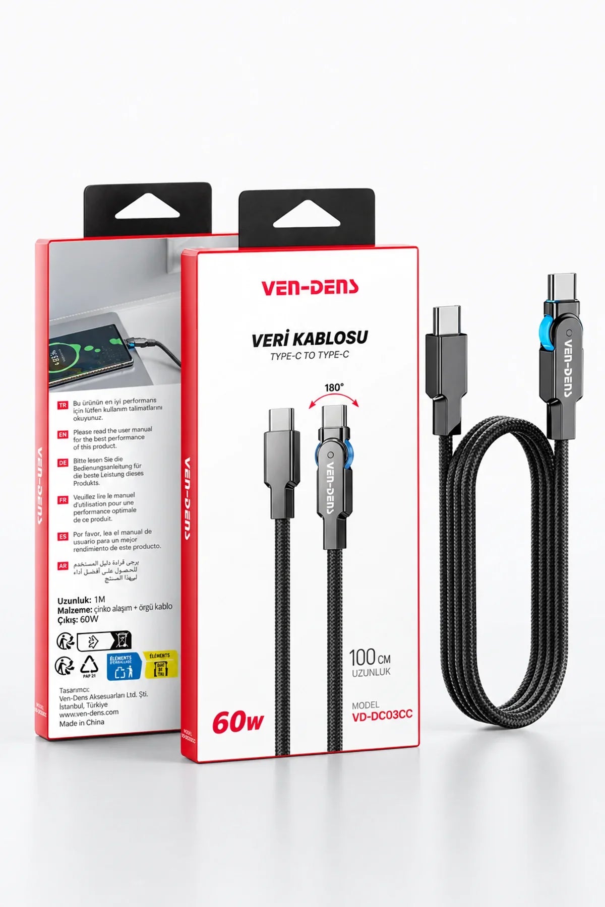 Vendens VD-DC03CC 60W Type-C to Type-C Hızlı Şarj Kablosu, Örgülü, 180° Döner Başlık, 1 Metre