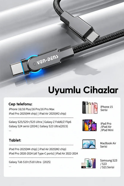Vendens VD-DC03CC 60W Type-C to Type-C Hızlı Şarj Kablosu, Örgülü, 180° Döner Başlık, 1 Metre