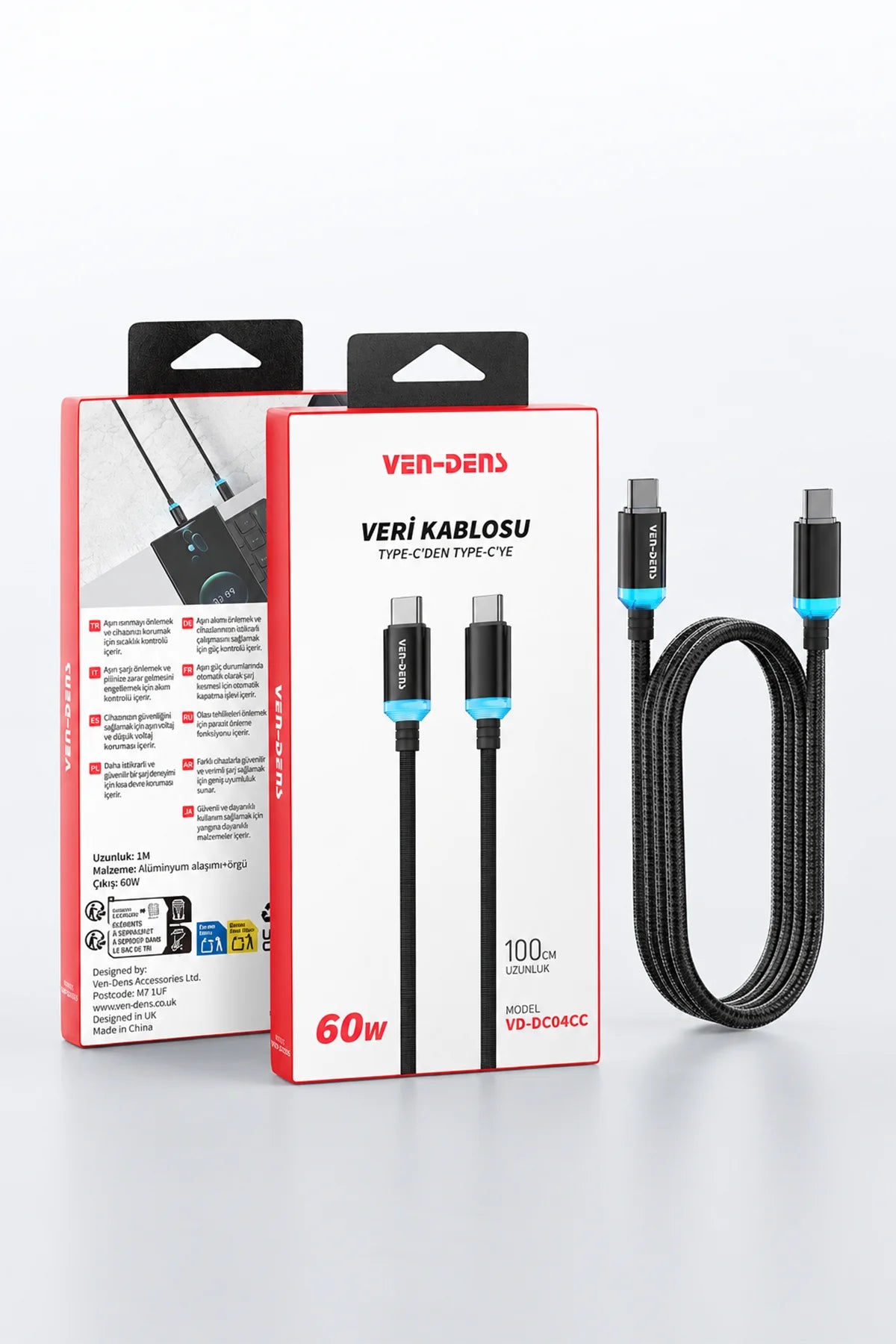 Vendens VD-DC04CC Type-C to Type-C 60W PD Hızlı Şarj ve Data Kablosu - 1 Metre, Alüminyum Örgü