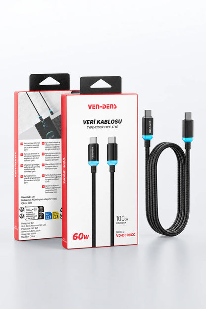 Vendens VD-DC04CC Type-C to Type-C 60W PD Hızlı Şarj ve Data Kablosu - 1 Metre, Alüminyum Örgü