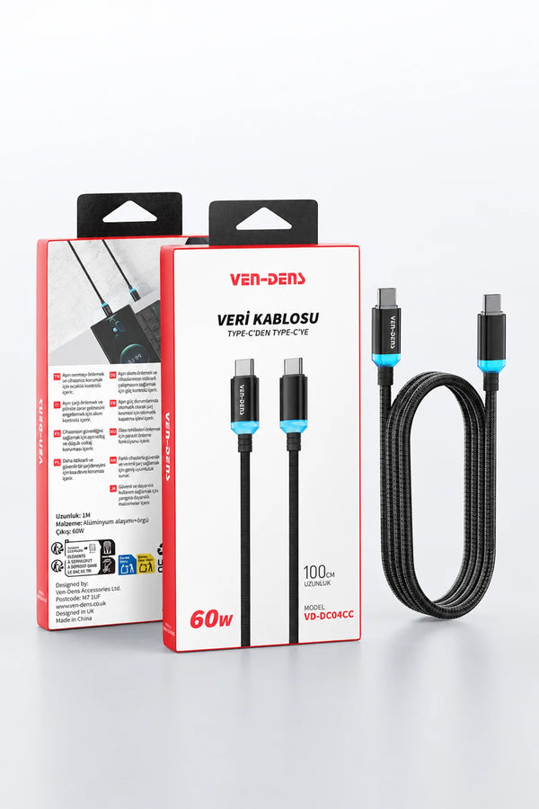 Vendens VD-DC04CC Type-C to Type-C 60W PD Hızlı Şarj ve Data Kablosu - 1 Metre, Alüminyum Örgü