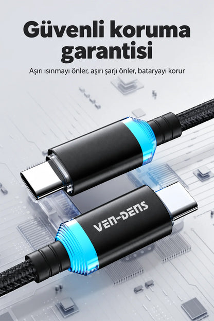 Vendens VD-DC04CC Type-C to Type-C 60W PD Hızlı Şarj ve Data Kablosu - 1 Metre, Alüminyum Örgü