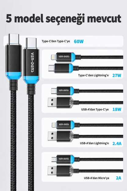 Vendens VD-DC04CC Type-C to Type-C 60W PD Hızlı Şarj ve Data Kablosu - 1 Metre, Alüminyum Örgü