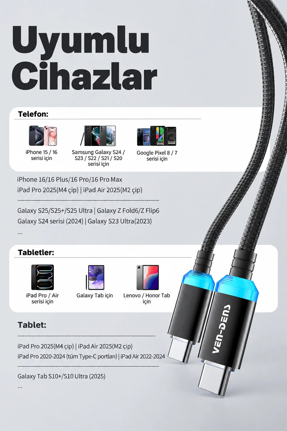 Vendens VD-DC04CC Type-C to Type-C 60W PD Hızlı Şarj ve Data Kablosu - 1 Metre, Alüminyum Örgü