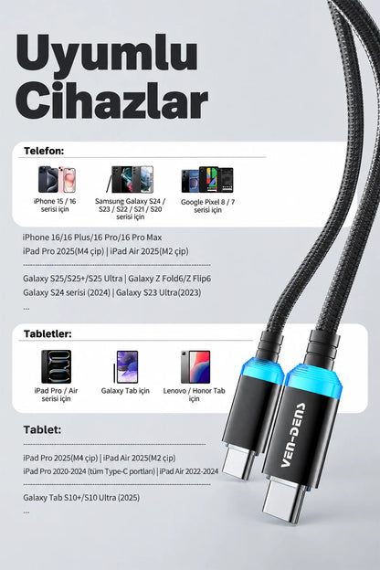 Vendens VD-DC04CC Type-C to Type-C 60W PD Hızlı Şarj ve Data Kablosu - 1 Metre, Alüminyum Örgü