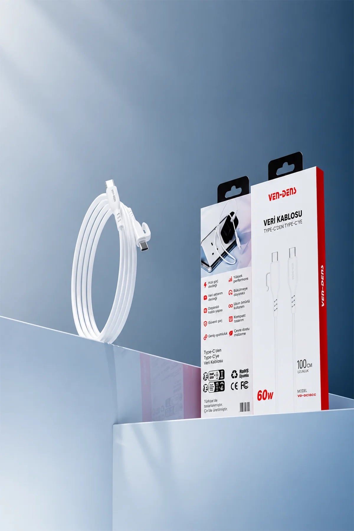 Vendens VD-DC16CC Type-C to Type-C 60W PD Hızlı Şarj ve Data Kablosu - 1 Metre, Beyaz