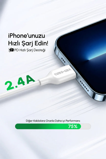 Vendens VD-DC20L Apple MFi Onaylı 2.4A Lightning Hızlı Şarj ve Veri Kablosu, 1 Metre