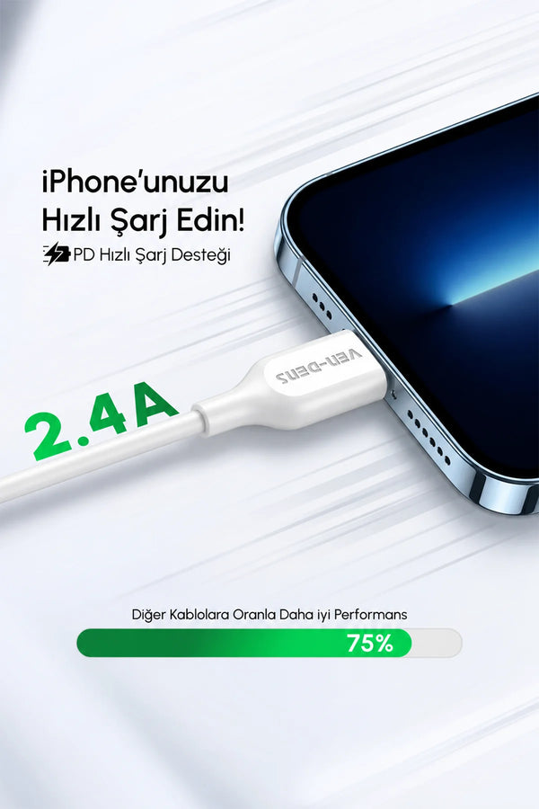 Vendens VD-DC20L Apple MFi Onaylı 2.4A Lightning Hızlı Şarj ve Veri Kablosu, 1 Metre