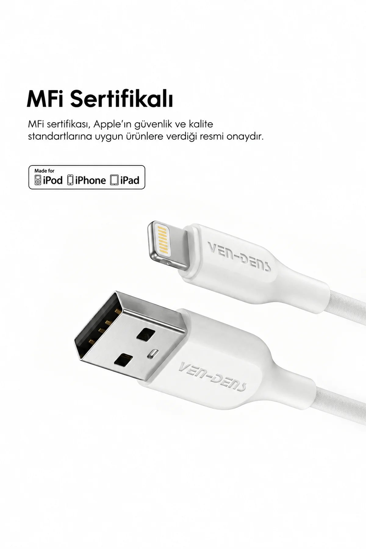 Vendens VD-DC20L Apple MFi Onaylı 2.4A Lightning Hızlı Şarj ve Veri Kablosu, 1 Metre