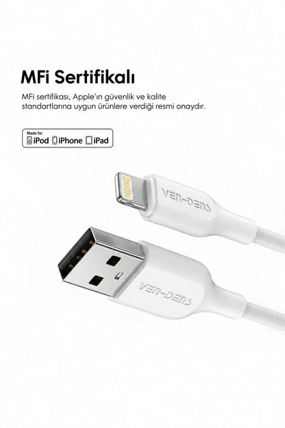 Vendens VD-DC20L Apple MFi Onaylı 2.4A Lightning Hızlı Şarj ve Veri Kablosu, 1 Metre