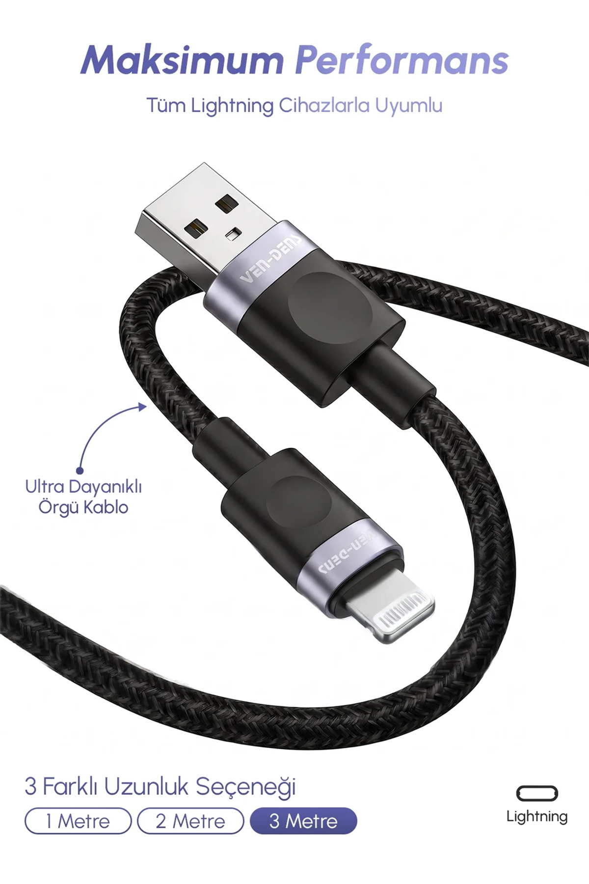 Vendens VD-DCM02 2.4A Lightning Hızlı Şarj Kablosu, Apple MFi Sertifikalı, Örgülü