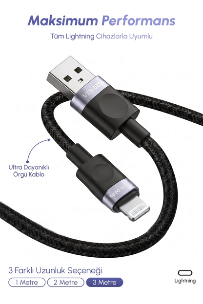 Vendens VD-DCM02 2.4A Lightning Hızlı Şarj Kablosu, Apple MFi Sertifikalı, Örgülü
