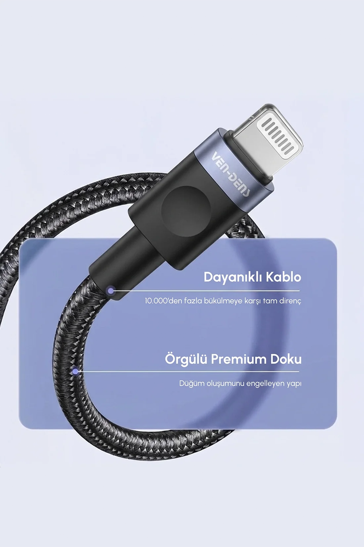 Vendens VD-DCM02 2.4A Lightning Hızlı Şarj Kablosu, Apple MFi Sertifikalı, Örgülü
