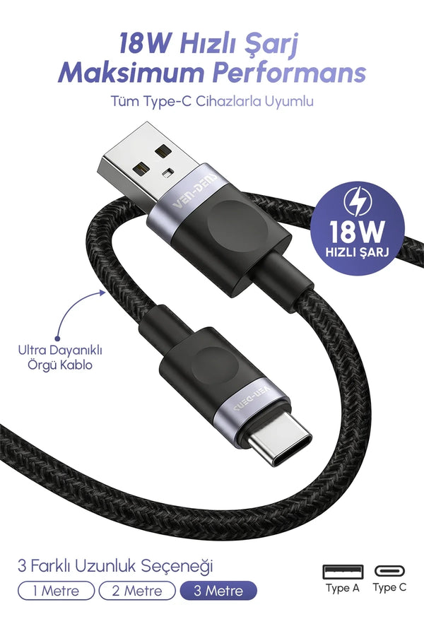 Vendens VD-DCM03 18W USB-A to Type-C Hızlı Şarj Kablosu, Örgülü, Veri Aktarımlı
