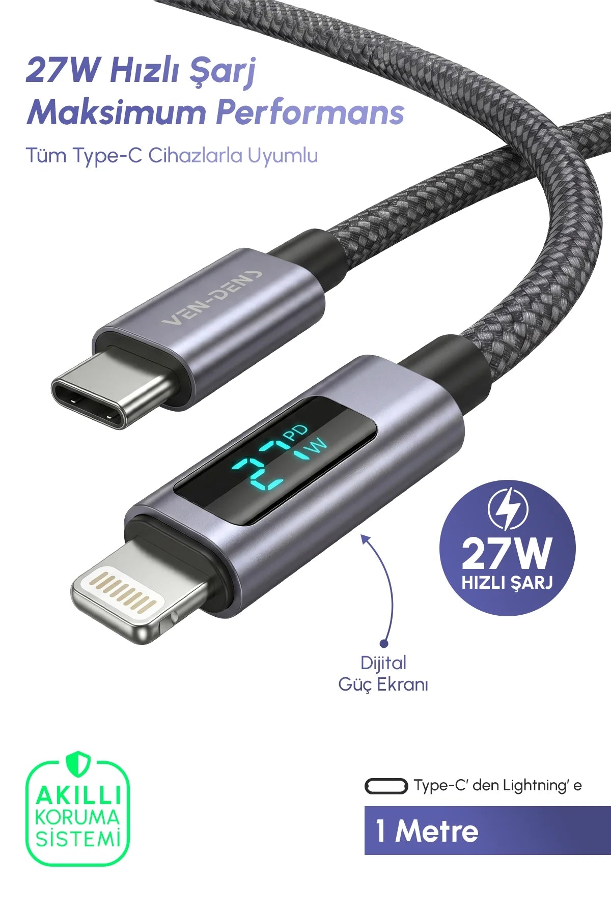 Vendens VD-DCN04 Dijital Göstergeli 27W Type-C to Lightning Hızlı Şarj Kablosu, 1 Metre
