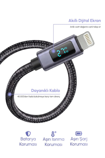 Vendens VD-DCN04 Dijital Göstergeli 27W Type-C to Lightning Hızlı Şarj Kablosu, 1 Metre