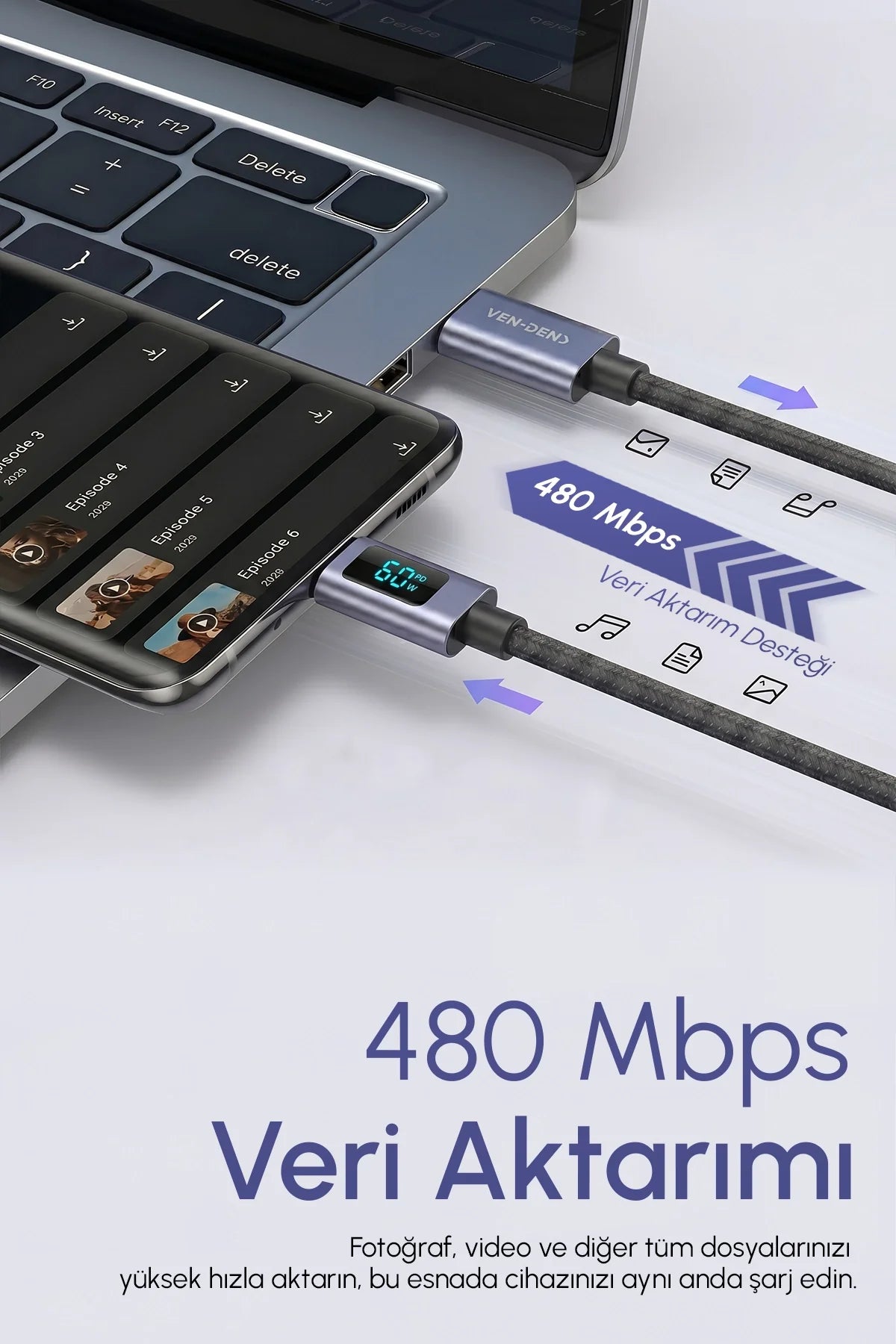 Vendens VD-DCN05 USB-C'den USB-C'ye 60W Dijital Ekranlı Örgülü Type C Hızlı Şarj Kablosu 1.2m