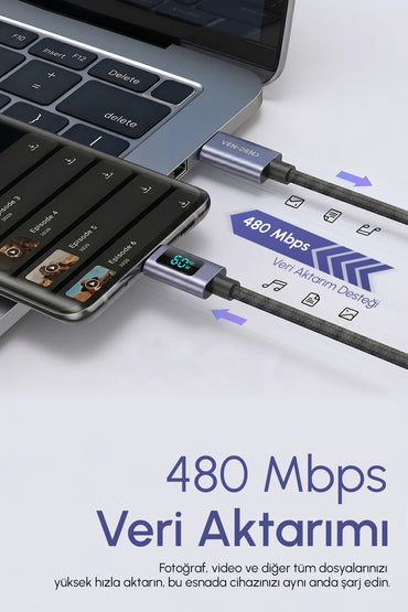 Vendens VD-DCN05 USB-C'den USB-C'ye 60W Dijital Ekranlı Örgülü Type C Hızlı Şarj Kablosu 1.2m