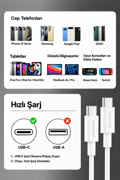Vendens VD-DCR05 USB-C'den USB-C'ye 60W Hızlı Şarj Destekli Beyaz Type C Kablo 1.2m