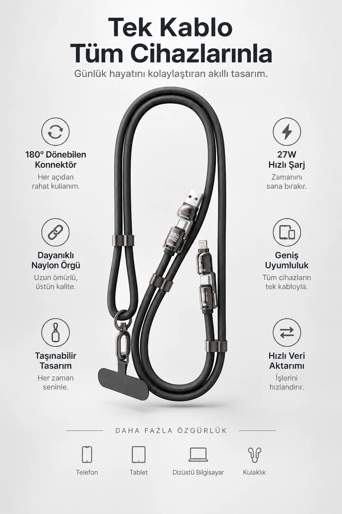 Vendens VD-DCS03 60W 4'ü 1 Arada Hızlı Şarj Kablosu, Taşıma İpi ,Type-C, Lightning, Micro USB, Örgülü 1.5 Metre