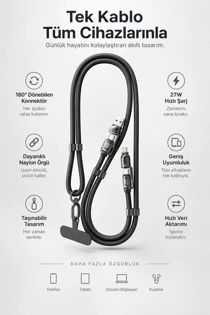 Vendens VD-DCS03 60W 4'ü 1 Arada Hızlı Şarj Kablosu, Taşıma İpi ,Type-C, Lightning, Micro USB, Örgülü 1.5 Metre