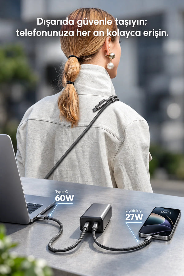 Vendens VD-DCS03 60W 4'ü 1 Arada Hızlı Şarj Kablosu, Taşıma İpi ,Type-C, Lightning, Micro USB, Örgülü 1.5 Metre