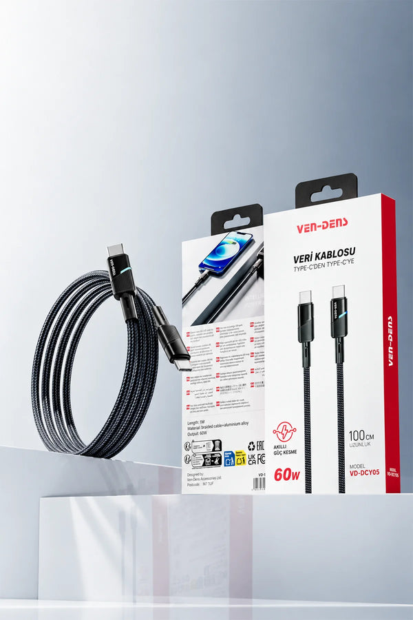 Vendens VD-DCY05 Type-C to Type-C 60W PD Hızlı Şarj ve Veri Aktarım Kablosu - 1 Metre, Örgü Tasarım
