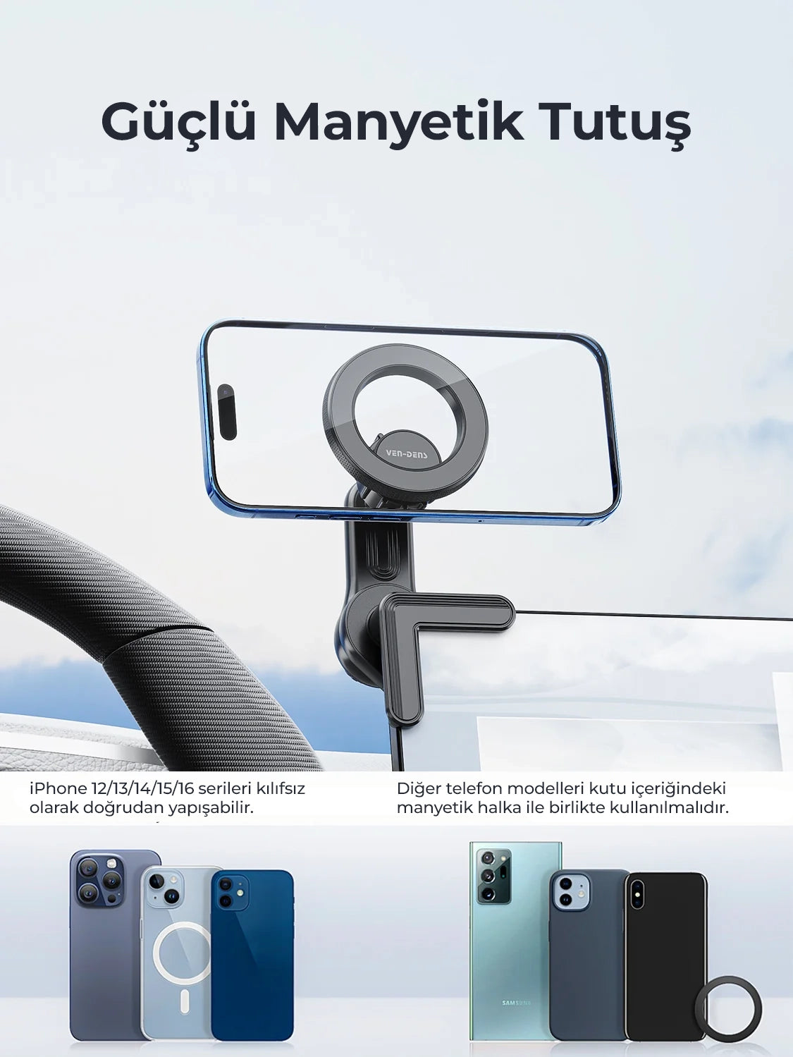 Vendens VD-HD060 Premium Manyetik (Mıknatıslı) Araç Telefon Tutucu - 360° Döner