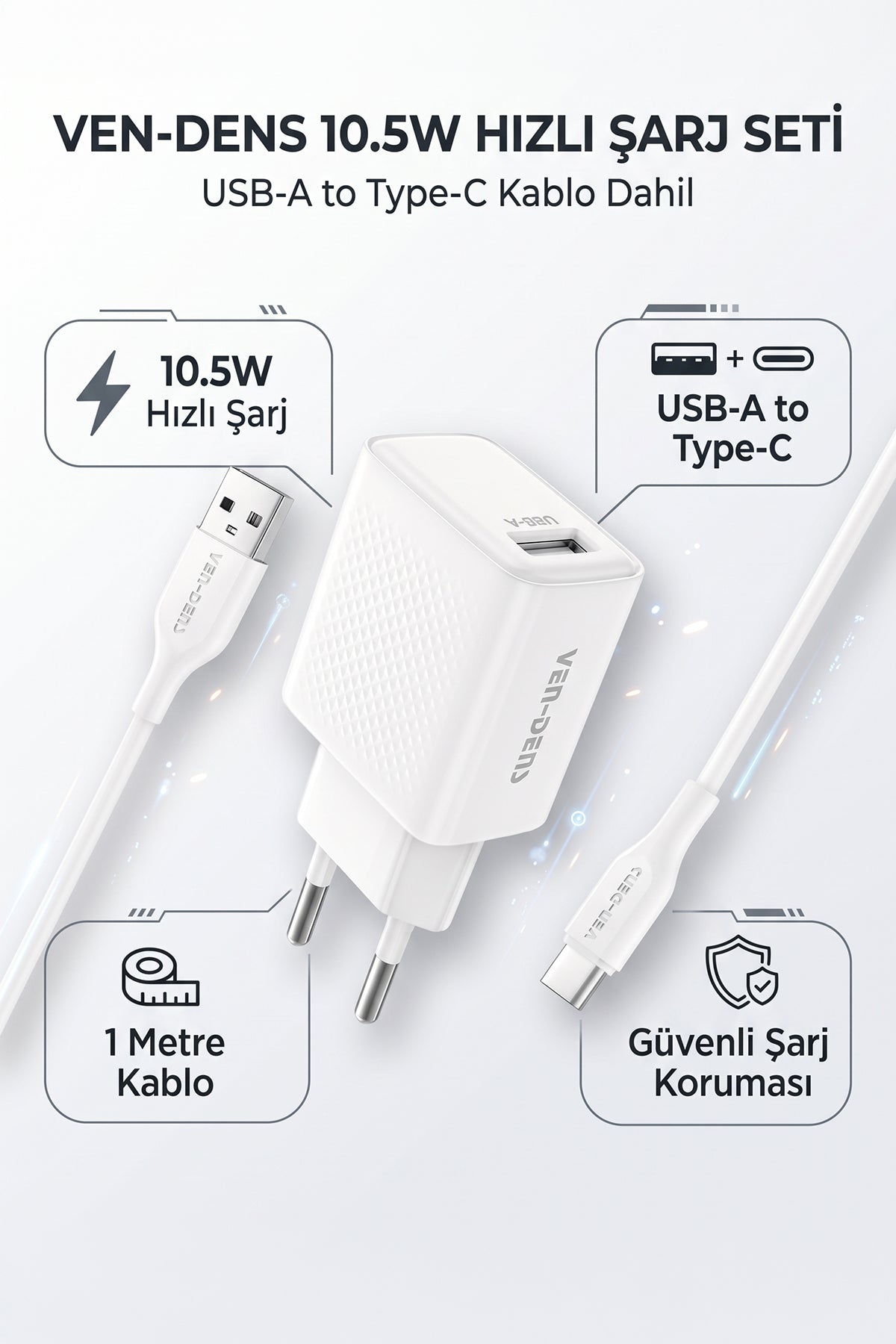 Vendens VD-TC019BA01 10.5W Hızlı Şarj Adaptörü, USB-A, 1 Metre Type-C Kablo Seti, Beyaz