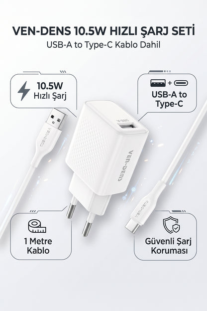 Vendens VD-TC019BA01 10.5W Hızlı Şarj Adaptörü, USB-A, 1 Metre Type-C Kablo Seti, Beyaz