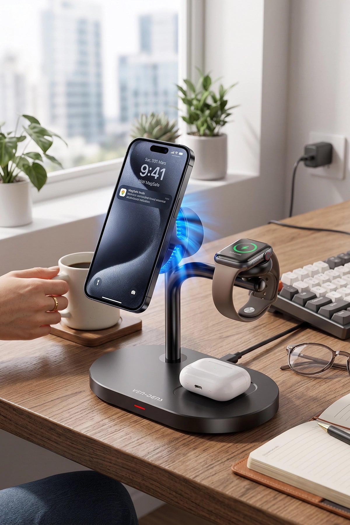 Vendens VD-WLC025 3'ü 1 Arada Kablosuz Şarj İstasyonu, 25W Qi2, Soğutmalı, Telefon Saat Kulaklık