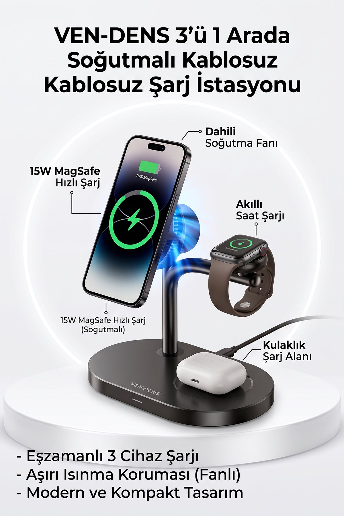 Vendens VD-WLC025 3'ü 1 Arada Kablosuz Şarj İstasyonu, 25W Qi2, Soğutmalı, Telefon Saat Kulaklık
