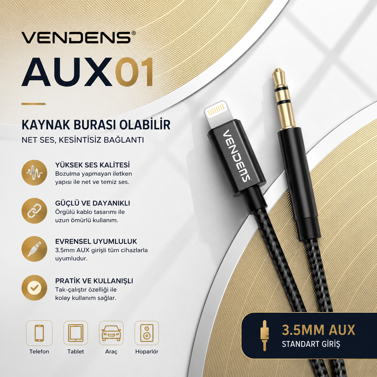 Vendens VD-AUX001 Premium 3.5mm AUX Ses Kablosu - Altın Uçlu