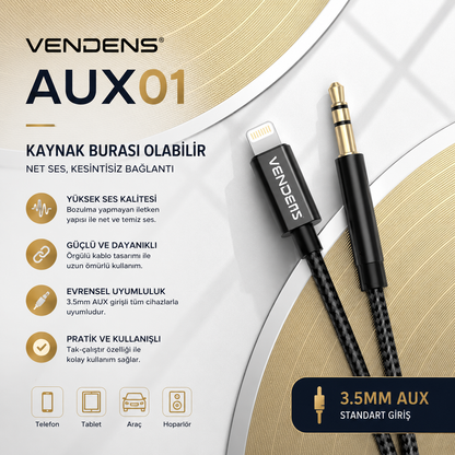 Vendens VD-AUX001 Premium 3.5mm AUX Ses Kablosu - Altın Uçlu