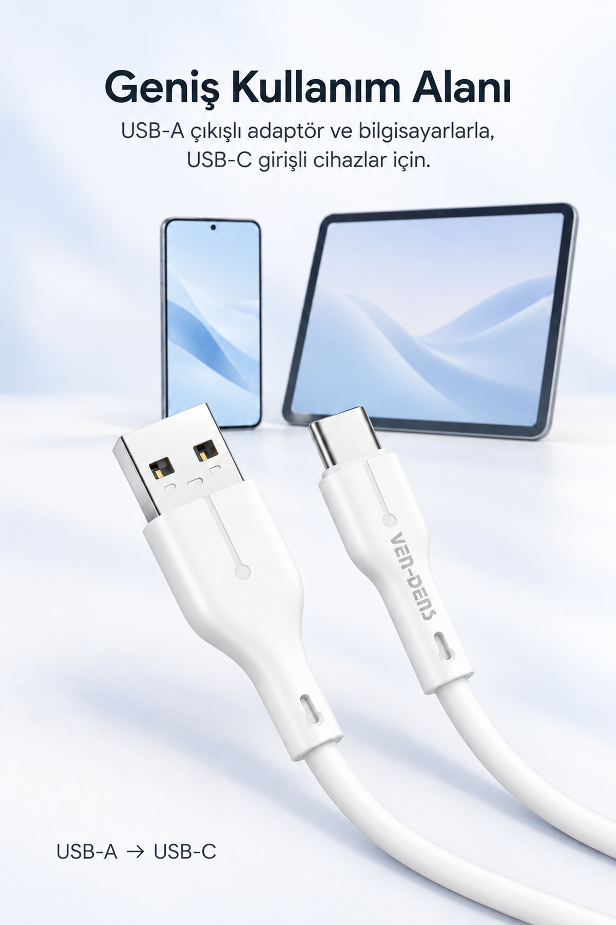 Ven-dens VD-DC23C USB-A-Type-C 5V 3A Hızlı Şarj ve Data Kablosu 1 Metre Esnek Dayanıklı TPE USB-C Veri Aktarım Kablosu Telefon Tablet Powerbank Uyumlu