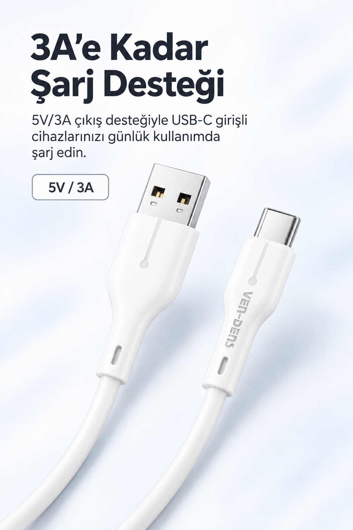 Ven-dens VD-DC23C USB-A-Type-C 5V 3A Hızlı Şarj ve Data Kablosu 1 Metre Esnek Dayanıklı TPE USB-C Veri Aktarım Kablosu Telefon Tablet Powerbank Uyumlu
