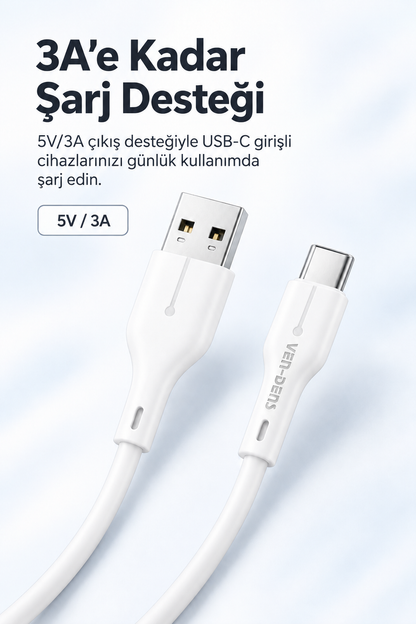 Ven-dens VD-DC23C USB-A-Type-C 5V 3A Hızlı Şarj ve Data Kablosu 1 Metre Esnek Dayanıklı TPE USB-C Veri Aktarım Kablosu Telefon Tablet Powerbank Uyumlu