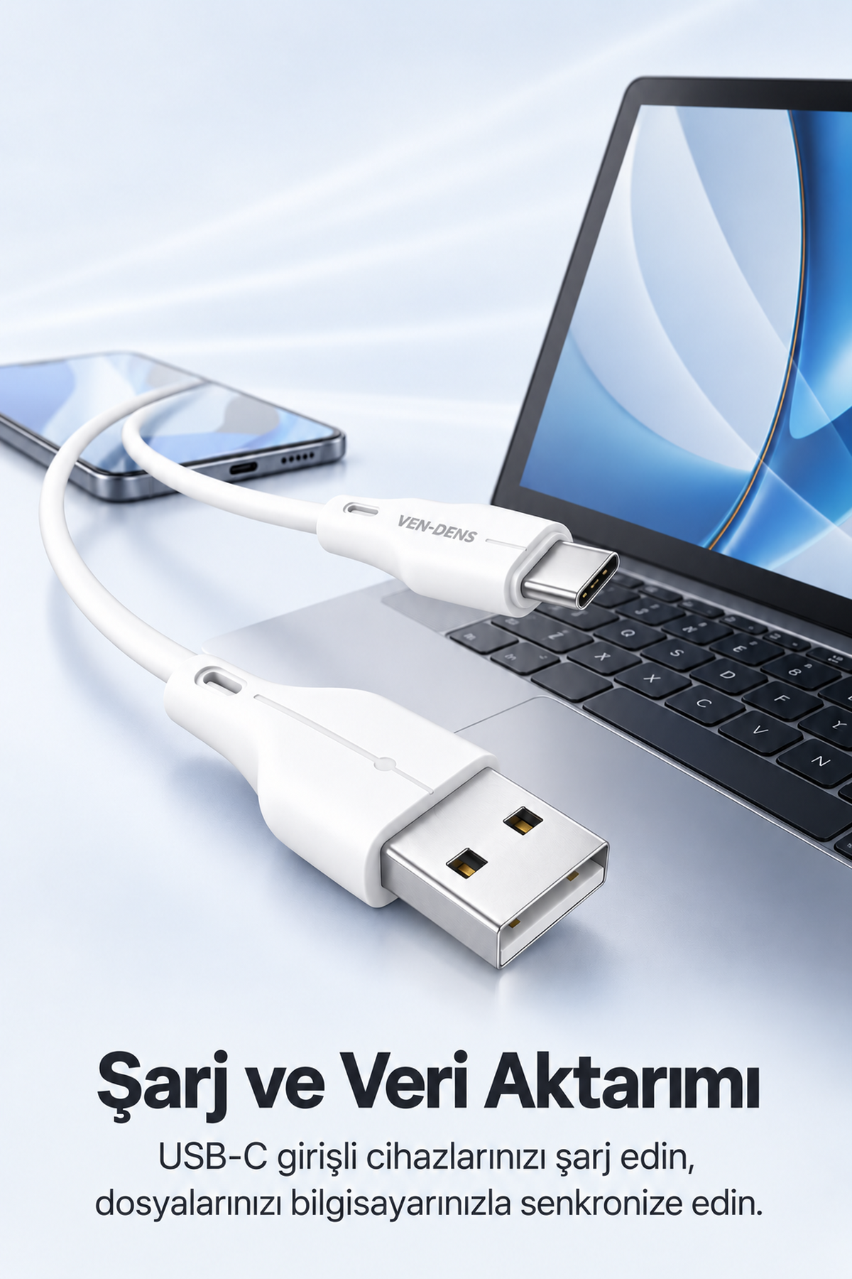 Ven-dens VD-DC23C USB-A-Type-C 5V 3A Hızlı Şarj ve Data Kablosu 1 Metre Esnek Dayanıklı TPE USB-C Veri Aktarım Kablosu Telefon Tablet Powerbank Uyumlu