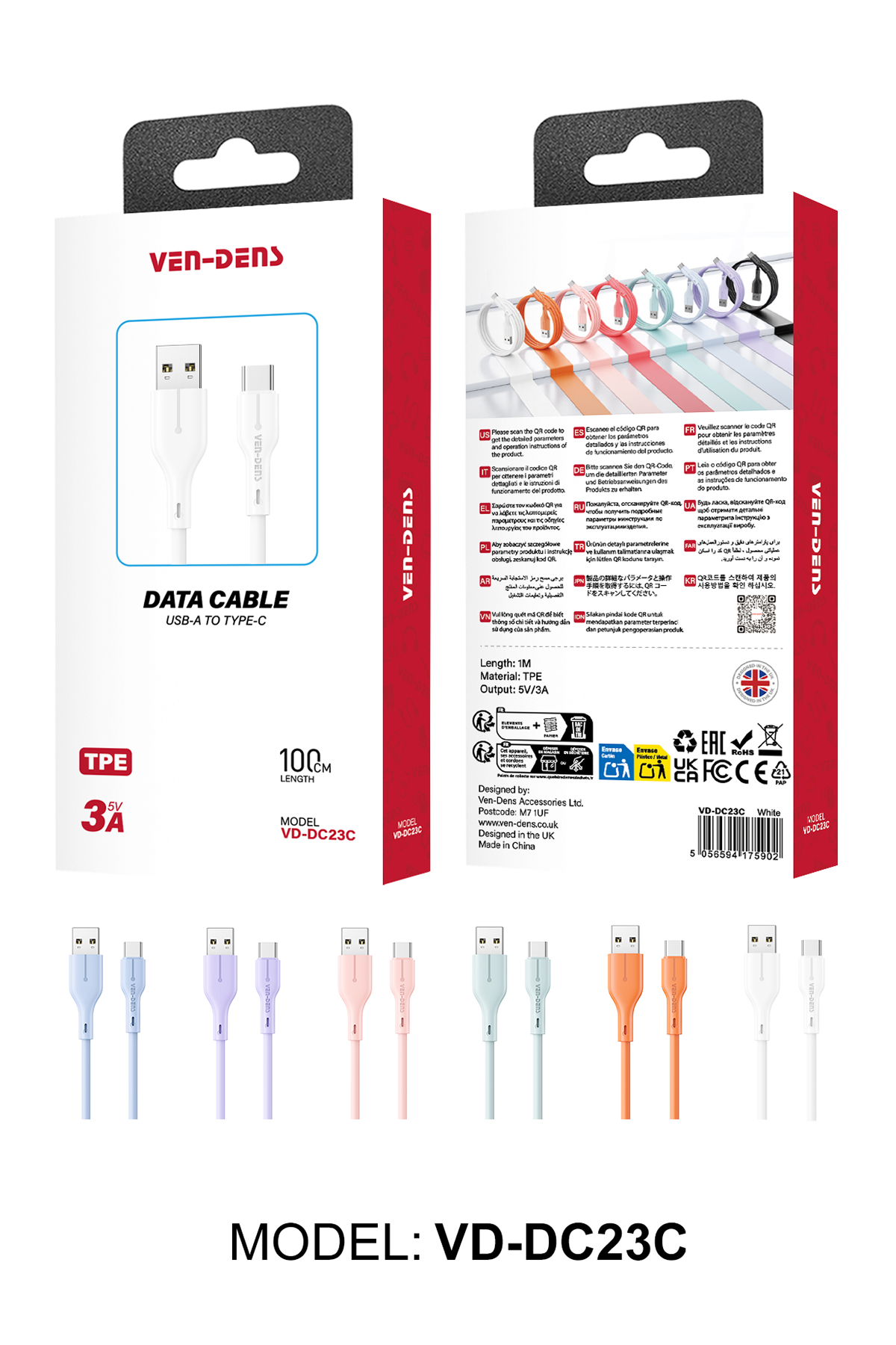 Ven-dens VD-DC23C USB-A-Type-C 5V 3A Hızlı Şarj ve Data Kablosu 1 Metre Esnek Dayanıklı TPE USB-C Veri Aktarım Kablosu Telefon Tablet Powerbank Uyumlu