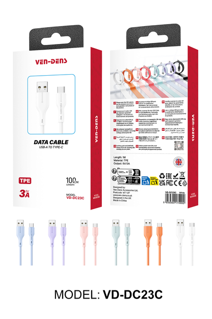 Ven-dens VD-DC23C USB-A-Type-C 5V 3A Hızlı Şarj ve Data Kablosu 1 Metre Esnek Dayanıklı TPE USB-C Veri Aktarım Kablosu Telefon Tablet Powerbank Uyumlu